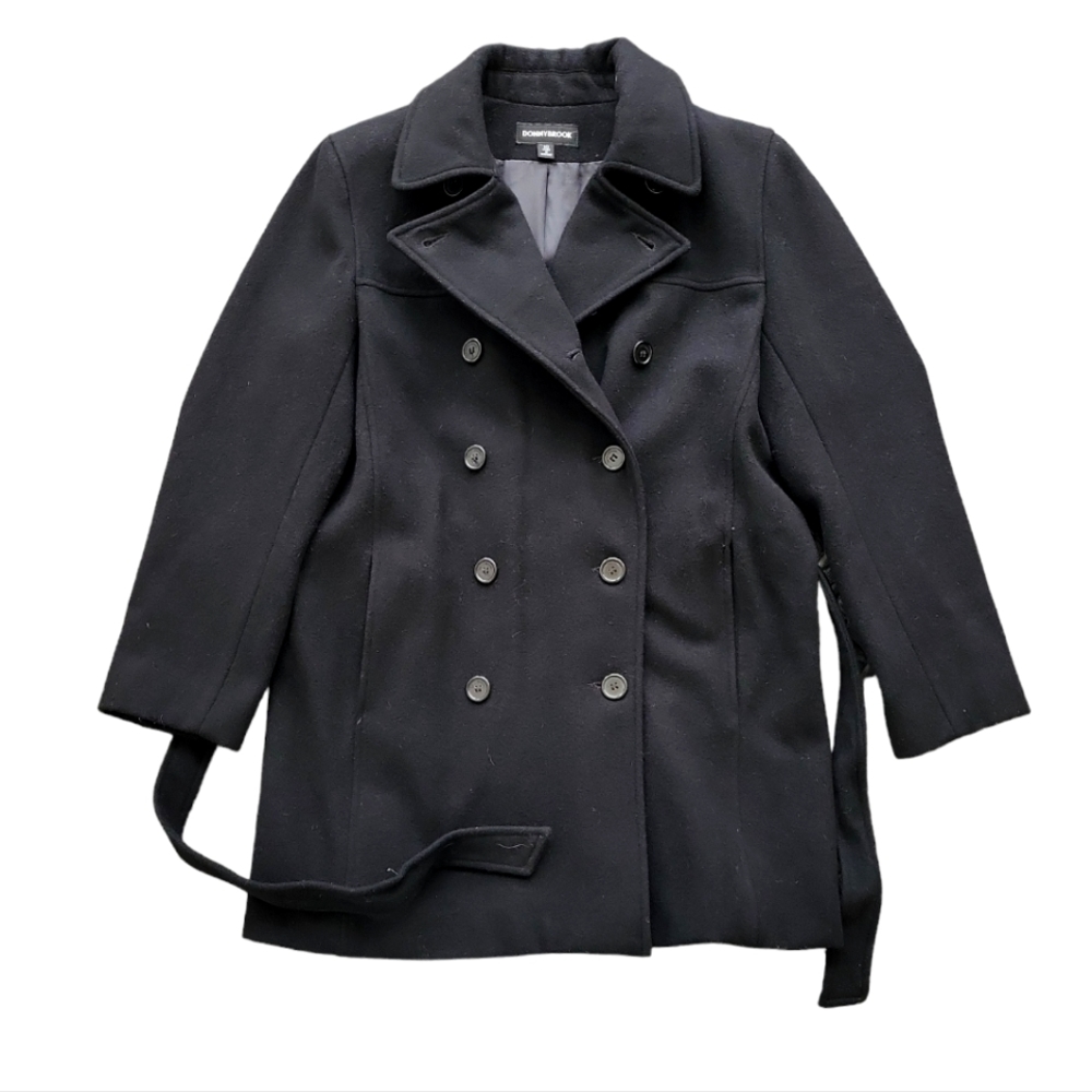 EUC 100% wool Donnybrook women's black double breast belted pea coat wrapcoat 10